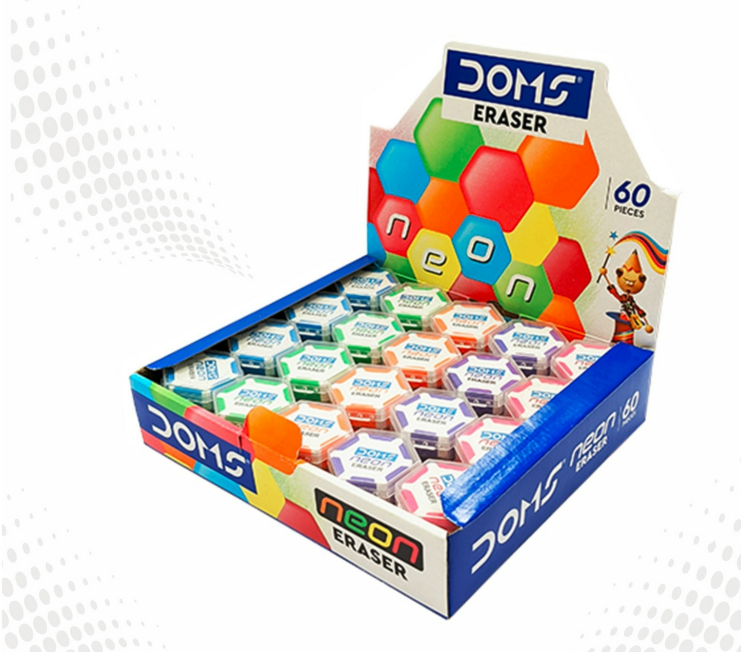 Doms Neon Hex Eraser Display Box - 60 Pcs