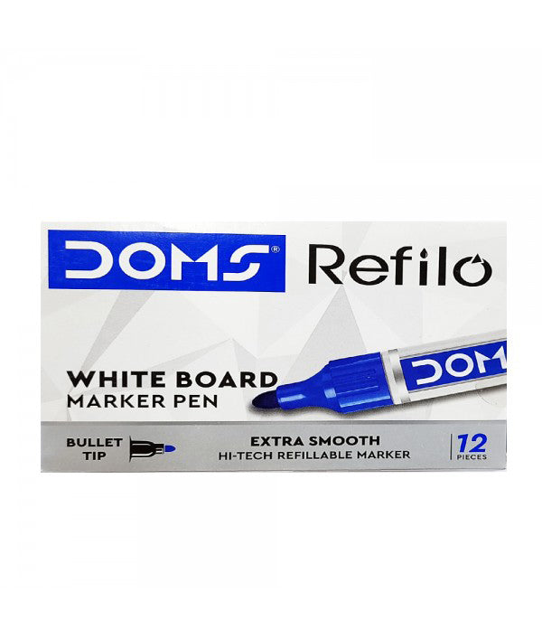 Doms Refilo White Board Marker Pen Bullet Tip 12 Pcs - Blue