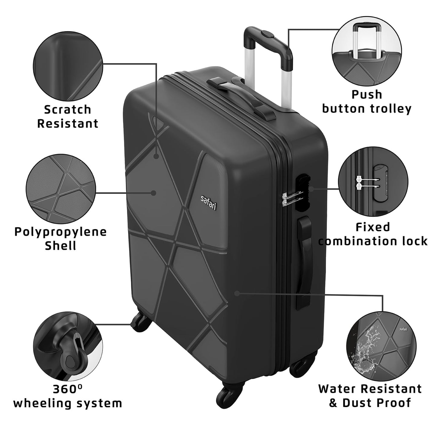 مجموعة سفاري بينتاغون مكونة من 3 حقائب بعجلات سوداء بعجلات 360 درجة