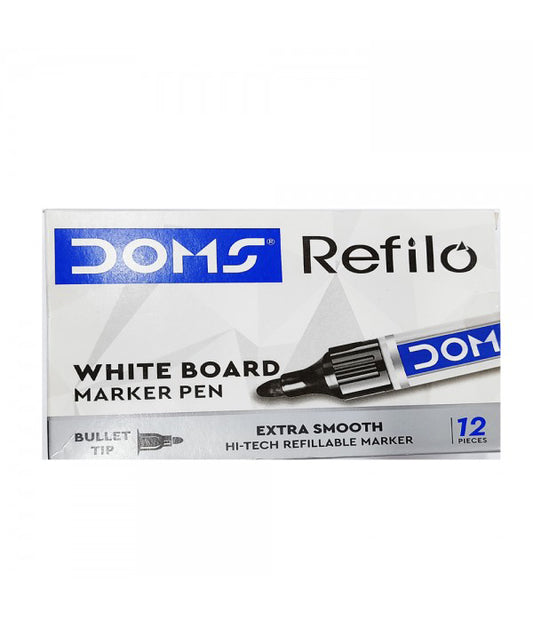 Doms Refilo White Board Marker Pen Bullet Tip 12 Pcs - Black