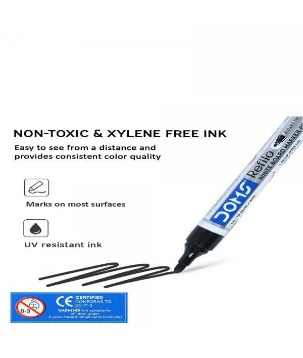 Doms Refilo White Board Marker Pen Bullet Tip 12 Pcs - Black