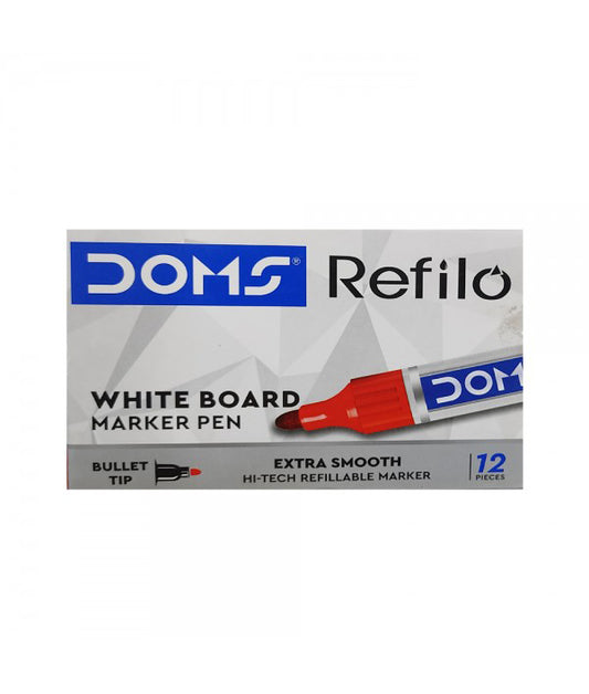 Doms Refilo White Board Marker Pen Bullet Tip 12 Pcs - Red Ink