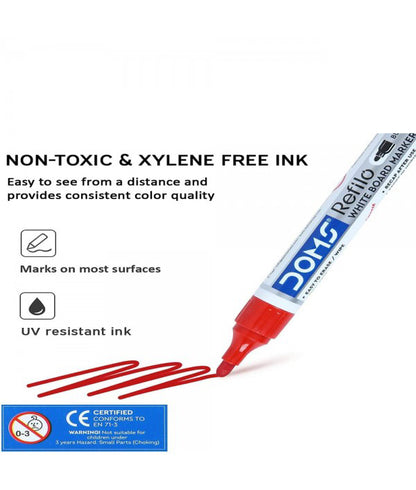 Doms Refilo White Board Marker Pen Bullet Tip 12 Pcs - Red Ink