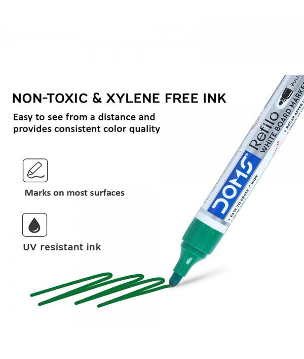 Doms Refilo White Board Marker Pen Bullet Tip 12 Pcs - Green